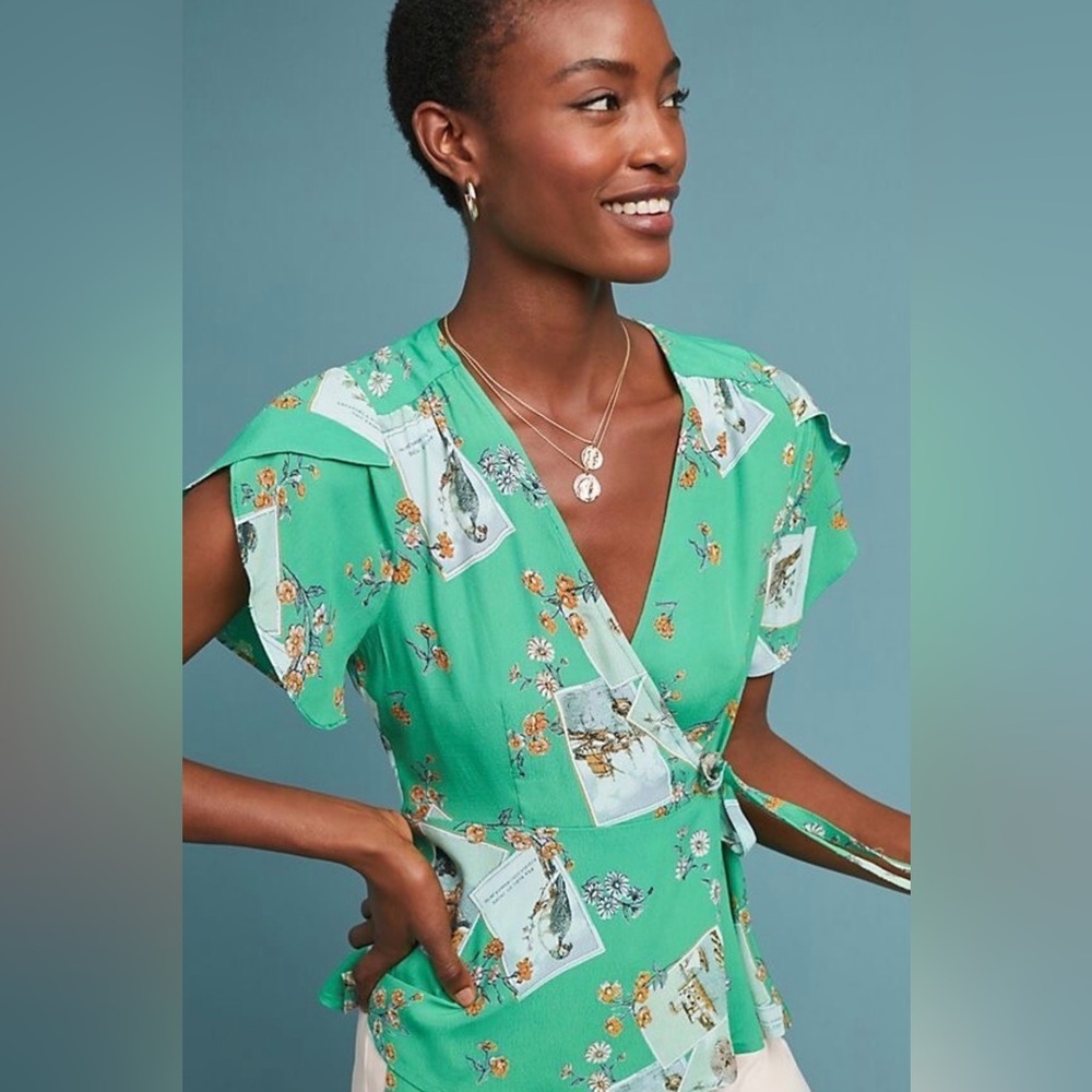 Anthropologie Meadow Rue Floral Wrap Blouse in Green